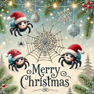 Pode incluir: Três aranhas de desenho animado usando chapéus de Papai Noel estão penduradas em uma teia com decorações de Natal. O texto "Feliz Natal" está escrito abaixo das aranhas.