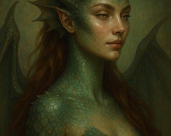 May include: A portrait of a woman with green scales and a dragon-like appearance. She has red hair, pointed ears, and large wings. The woman's skin is a mix of green and human tones, with a serene expression.