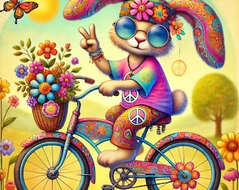 Hippie Easter Bunny on a Bike – Digital Download