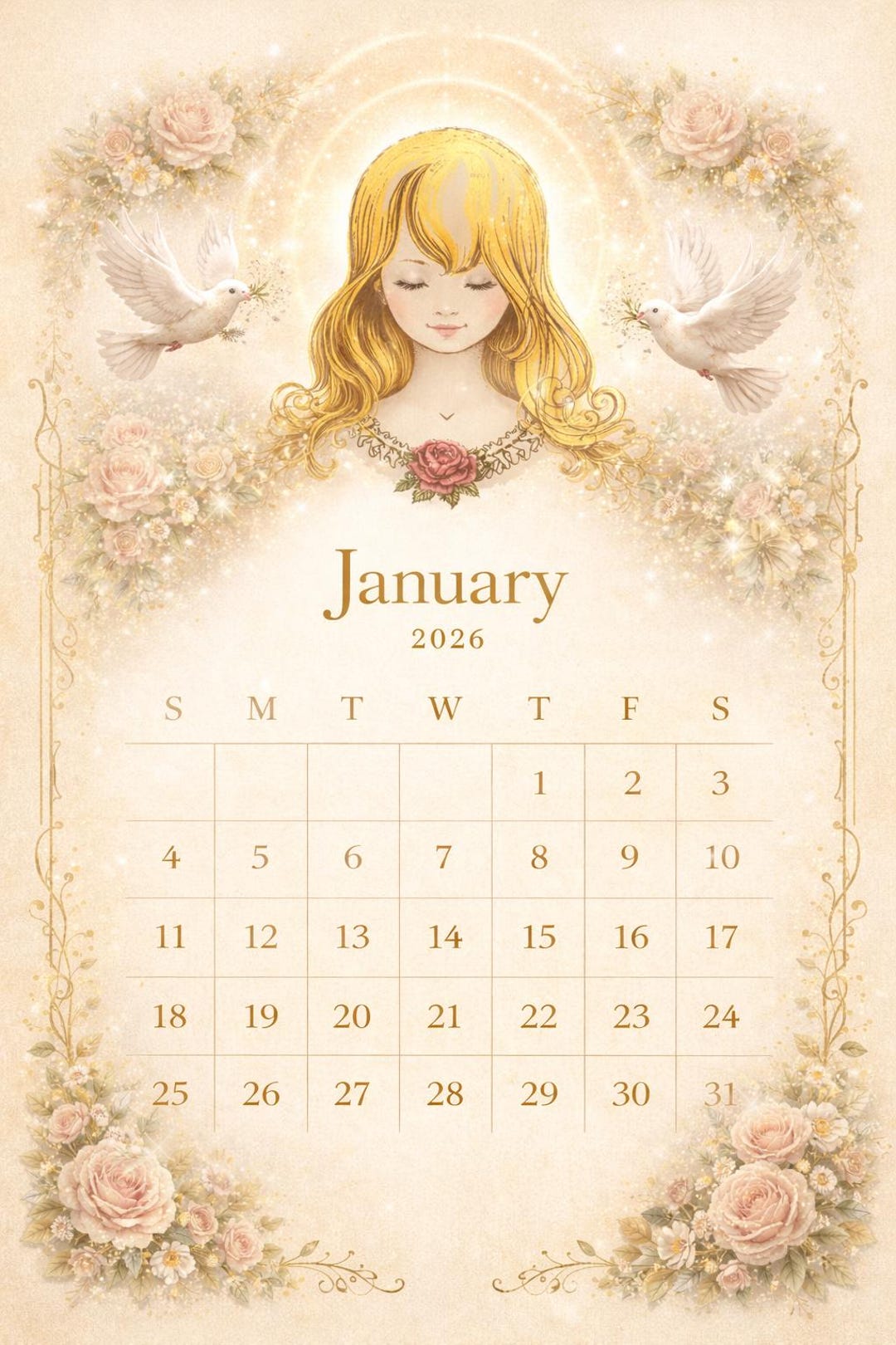 Spiritual January 2026 Calendar Page – Angel & Doves – Printable ...
