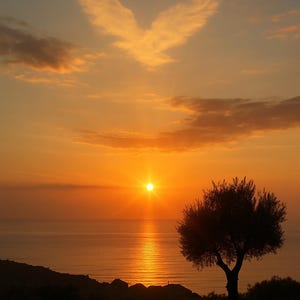 May include: A scenic sunset over the ocean, with a bright sun reflecting on the water. A tree stands silhouetted on the right, and clouds shaped like wings are in the sky. The sky is a gradient of orange and yellow.