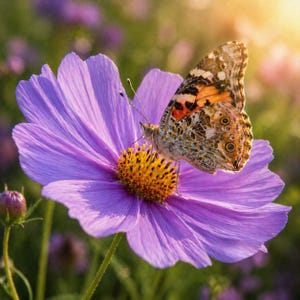 May include: A close-up of a purple cosmos flower with a yellow center and a butterfly. The butterfly has brown, orange, and white patterned wings. The background is blurred green and yellow.