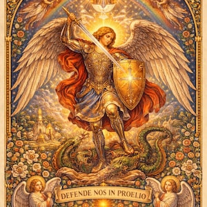 May include: A detailed religious artwork shows a golden-armoured angel with a sword and shield, standing over a dragon. Above, Jesus is depicted with a rainbow and angels. The image includes the text "DEFENDE NOS IN PROELIO".