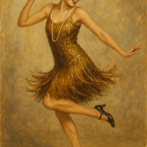 May include: A vintage painting of a woman dancing in a gold flapper dress with fringe. She wears a pearl necklace, a jeweled headband, and black heels. The background is a warm, neutral tone.