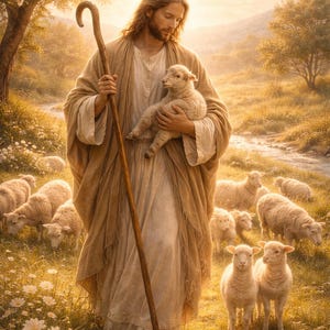 May include: A serene image depicts a figure in flowing robes holding a lamb, with a shepherd's staff. The scene is set in a golden-lit field with a flock of sheep, evoking a sense of peace and pastoral care.