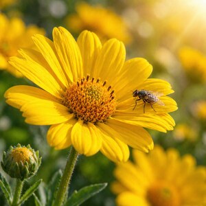May include: A bright yellow flower with a dark brown centre and a fly on a petal. The image shows a close-up of the flower, with other flowers and buds visible in the background. The lighting is soft and natural.