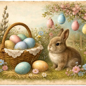 May include: A vintage-style illustration depicts an Easter scene. A brown rabbit sits near a wicker basket filled with pastel-colored eggs. Decorative eggs hang from a flowering tree. The scene is set in a grassy field with wildflowers.