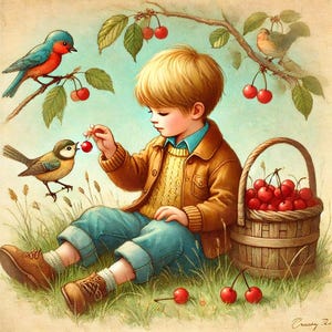 May include: A young boy in a brown jacket and blue jeans sits on the ground with a basket of red cherries beside him. A bluebird and a small bird with a yellow breast are perched on branches of a cherry tree.