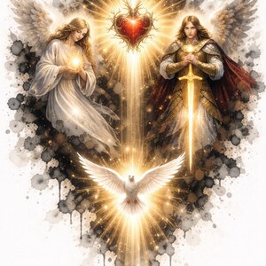 Puede incluir: Ilustración de arte digital con dos figuras angelicales aladas, una sosteniendo un orbe brillante y la otra una espada. Un corazón y una paloma radiantes son centrales, con una luz dorada brillante que emana de ellos. La obra de arte tiene un efecto acuarela con salpicaduras oscuras.