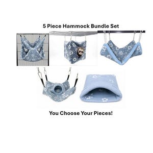 May include: A 5 Piece Hammock Bundle Set featuring light blue fabric with a white floral pattern. The set includes various hanging pet hammocks, a cube, and a tunnel, with the text 5 Piece Hammock Bundle Set and You Choose Your Pieces!