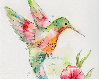 Hummingbird Watercolor with Flowers
