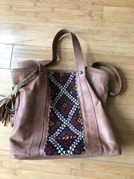 Leather and aztec carpet bag purse