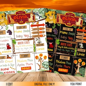 Può includere: Un cartello di compleanno stampabile a tema Il Re Leone con uno sfondo di giungla. Il cartello presenta un design in stile lavagna in bianco e nero con un personaggio di leone giallo e arancione. Il cartello include il testo "Lion Queen Olivia is One" e elenca le statistiche di nascita del bambino, tra cui peso, altezza e data di nascita. Il cartello include anche un elenco di cose che il bambino può fare, come "Mi piace", "Posso dire" e "Delizioso".
