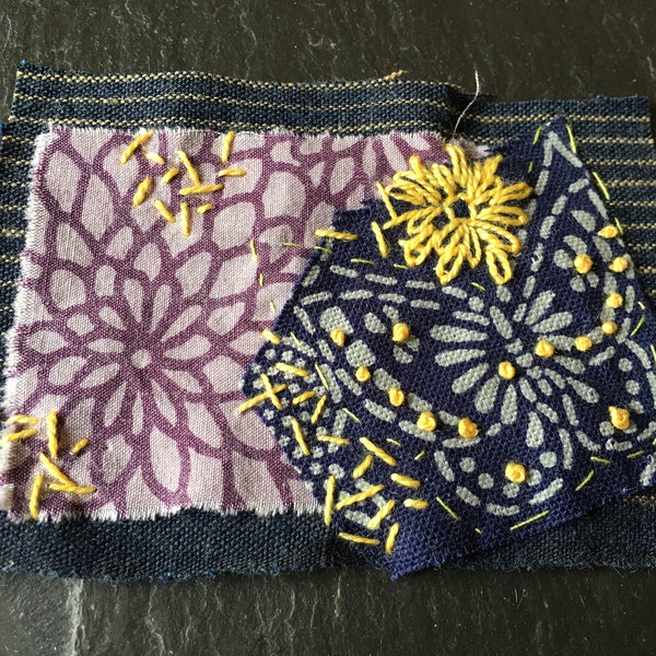CLEARANCE 1 Indigo butterfly purple yellow chrysanthemum textile art boro hand embroidery patch sashiko raw applique slow mend fashion gift