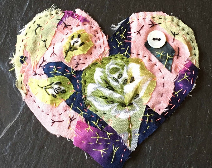 Patchwork Mending 4 Patchwork Rose Mending Heart Upcyle Textile Fabric Collage Art ...
