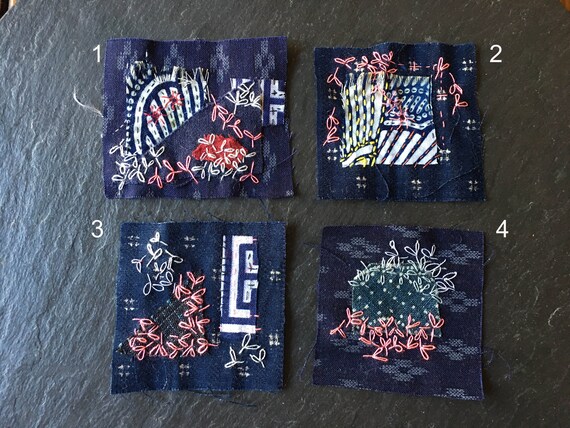 1 textile art Japanese indigo dye boro lazy daizy sashiko slow stitch visible mending patch scrap fabric mini quilt assemblage stitching