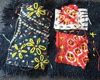 1 Mini boro scrap patch textile fabric art kantha sashiko slow stitch visible mend hand embroidery silk shibori indigo cotton wabi sabi gift