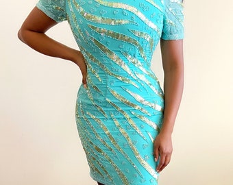 Vintage Sequin & Beaded Bodycon Dress - Size 6