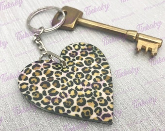 Leopard Print Heart or Star Keyring in Natural or Pink