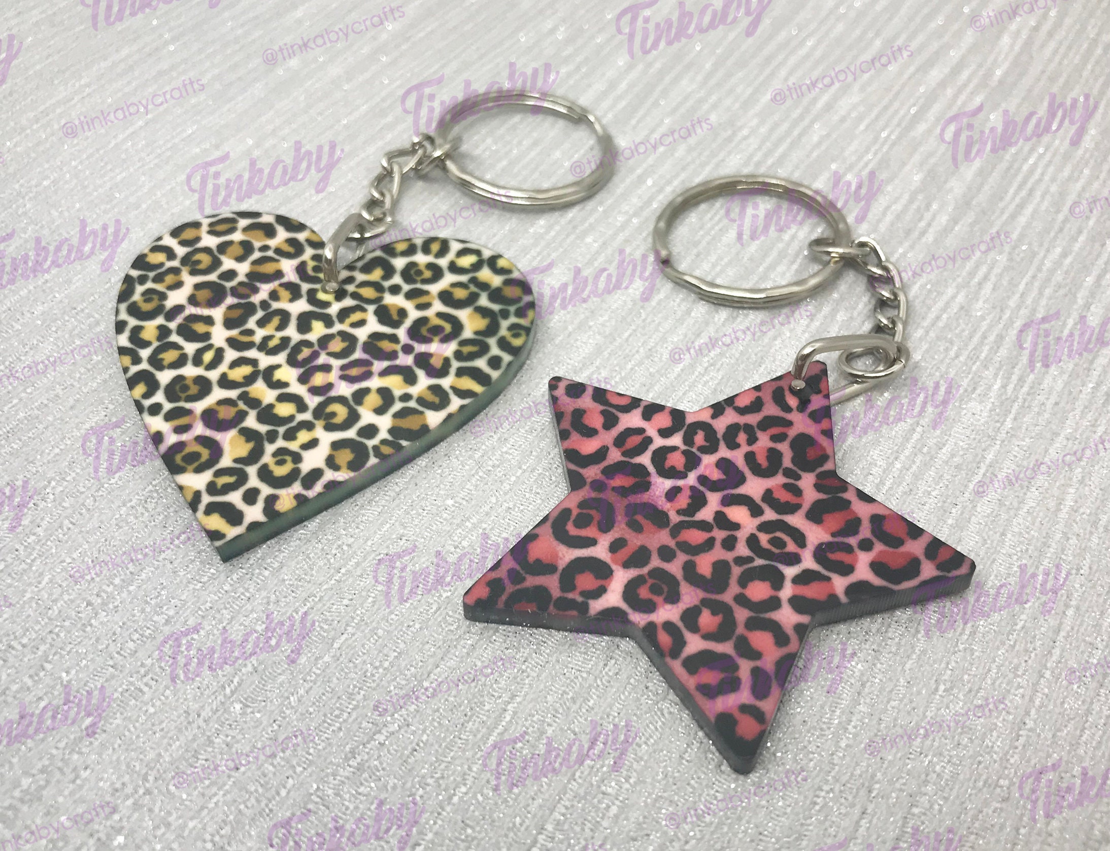 Leopard Print Heart or Star Keyring in Natural or Pink
