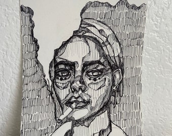 Pen and Ink Drawing of Woman with Cigarette