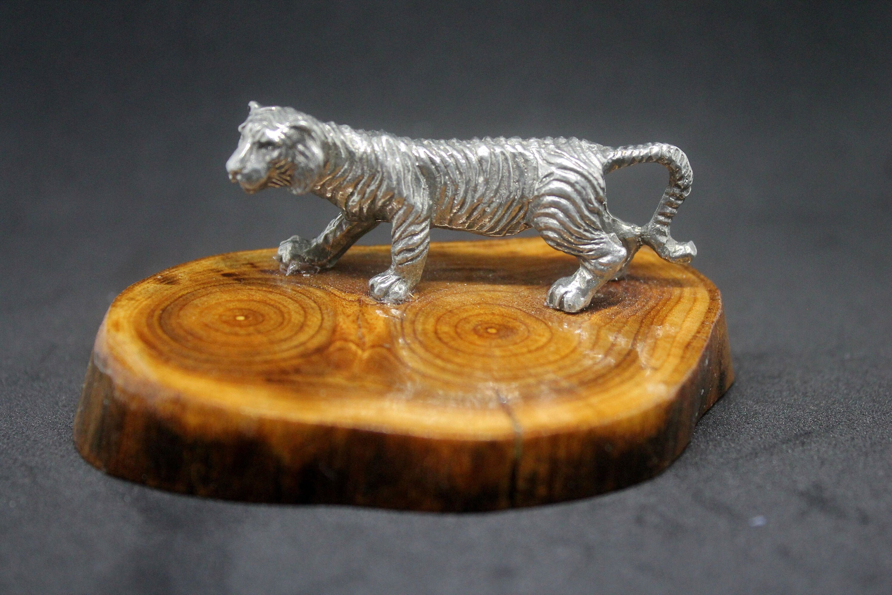 Miniature Pewter Tiger Figurine on Hand Cut Wood Knot Etsy
