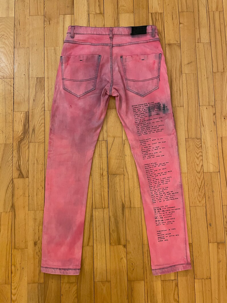 Text Denim Jeans Vintage Pink Denim Jeans Vintage Bleached Jeans Chinese Characters Custom Onepiece Men Denim Jeans Hand Painted Jeans