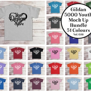 Gildan 5000 Pacote de maquete de camiseta juvenil 51 cores Gildan Mockup Flat Lay Mock up Gildan 5000B Pacote de maquete de camiseta infantil 028