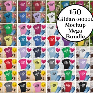 Gildan 64000L dames model Mega bundel, 150 Gildan T-shirt mock ups set, wit, Gildan flat lay model, dames model