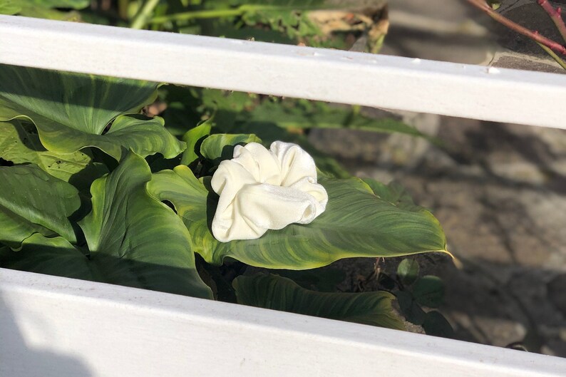 May include: A cream-colored scrunchie rests on a large, green leaf. The scrunchie is made of a soft, velvety material. The background includes more green leaves and a white railing.