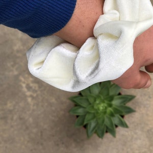 May include: A cream-colored velvet scrunchie is held in a hand, with a small green succulent plant in the background. The scrunchie is soft and gathered, with a slight sheen. The plant has green leaves.