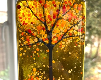 NEW* 1x Gorgeous Golden Glow Fused Glass Woodland Sun-Catcher, 6 x 8.5cm, Gift, Birthday, Secret Santa, For Her, Christmas, Gift for Teacher