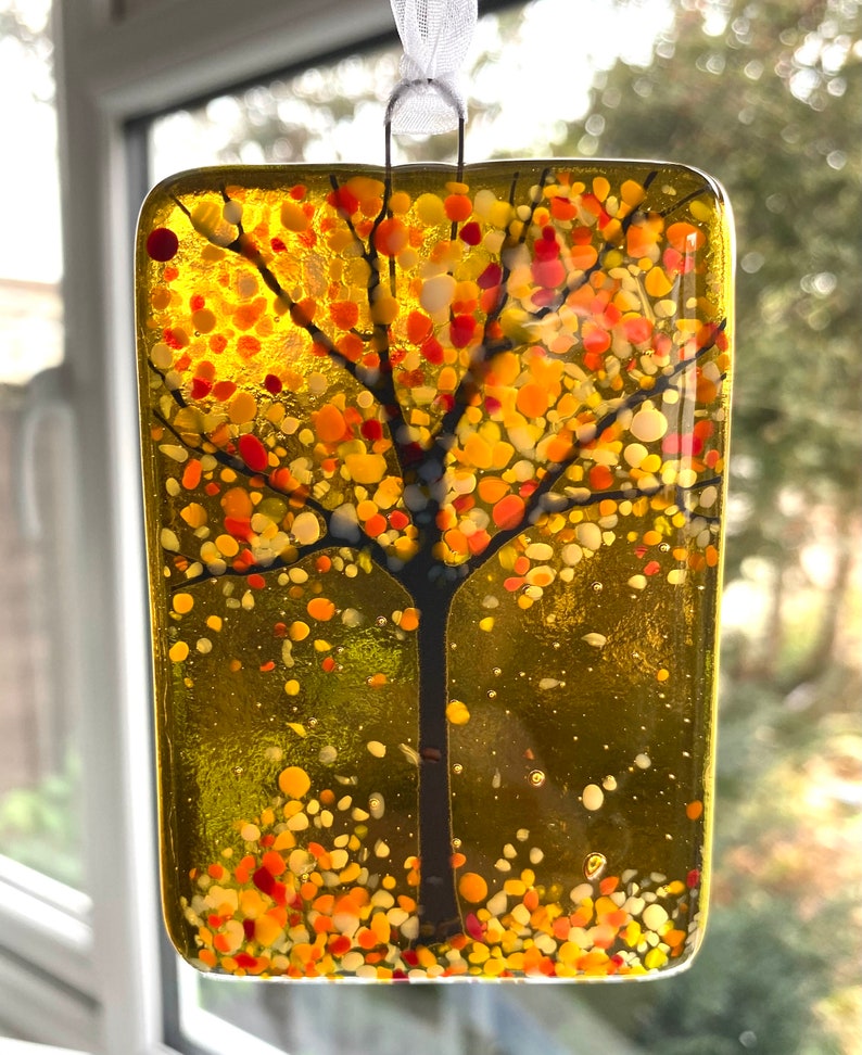 NEW 1x Gorgeous Golden Glow Fused Glass Woodland Sun-Catcher, 6 x 8.5cm, Gift, Birthday, Secret Santa, For Her, Christmas, Gift for Teacher image 1