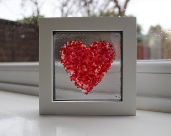 Fused Glass Frit Love Heart Valentine's Day Free Standing Framed Picture, 'Passionate Red', Gift for Her, Love Token, Christmas Present