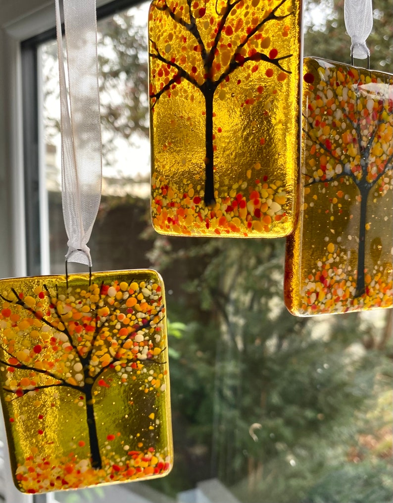 NEW 1x Gorgeous Golden Glow Fused Glass Woodland Sun-Catcher, 6 x 8.5cm, Gift, Birthday, Secret Santa, For Her, Christmas, Gift for Teacher image 5