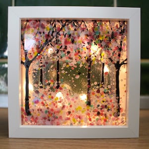 10cm x 10cm Fused Glass Handmade Woodland Framed Picture with Fairy Lights, 'Lavender Dreams', Gift for her, Birthday, House Warming, Gift