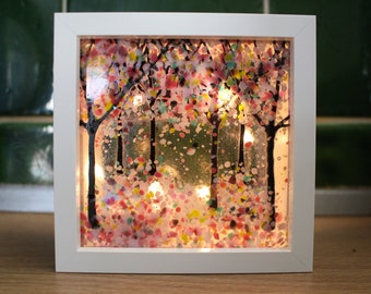 10cm x 10cm Fused Glass Handmade Woodland Framed Picture with Fairy Lights, 'Lavender Dreams', Gift for her, Birthday, House Warming, Gift