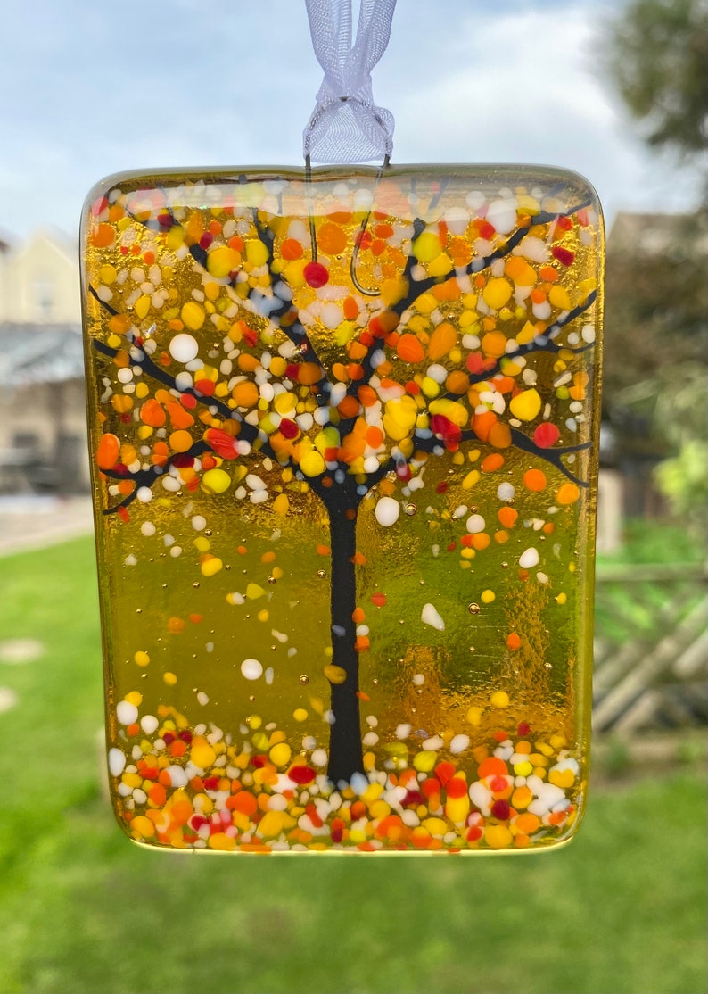 NEW 1x Gorgeous Golden Glow Fused Glass Woodland Sun-Catcher, 6 x 8.5cm, Gift, Birthday, Secret Santa, For Her, Christmas, Gift for Teacher image 4