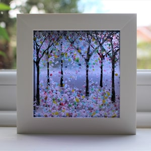 10cm x 10cm Framed Fused Glass Woodland Tree Picture ‘Lavender Dream’, present, birthday, anniversary, house warming, for her, Mother's Day