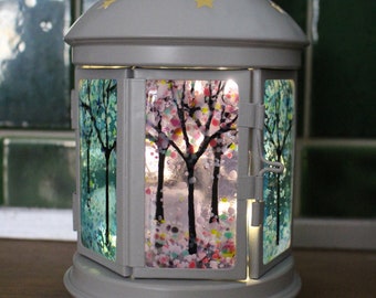 Rustic Pale Grey Metal Lantern with Handmade Fused Glass and Fairy Lights, Christmas, Birthday Gift, Home, Shabby Chic, Christmas Gift,