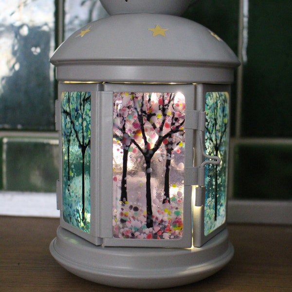 Rustic Pale Grey Metal Lantern with Handmade Fused Glass and Fairy Lights, Christmas, Birthday Gift, Home, Shabby Chic, Christmas Gift,