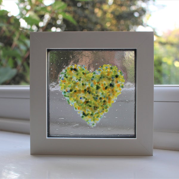 Fused Glass Frit Love Heart Free Standing Framed Picture, 'Evergreen Love', Christmas, Gift for Her, Love Token, Birthday, Anniversary. Gift