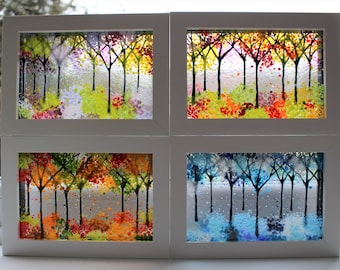 Beautiful Set of 4 Fused Glass Woodland Pictures, 'Four Seasons', Gift for her, Present, Birthday, Anniversary, House Warming, Christmas