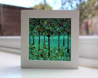 Fused Glass Woodland Tree Picture ‘Emerald Dreams’, Gift, Present, Birthday, Anniversary, House Warming, Gift for Her, Christmas Present
