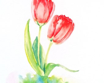 Red Tulip Flower Giclee Print - Botanical Fine Art Print of RED TULIPS DUO by Geetapatelfineart. A Limited Edition, Botanical Wall Art.