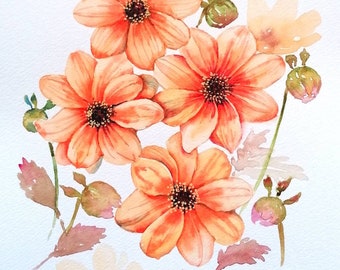 Flower Watercolour Original Painting of Orange Dahlia Flowers, by Geetapatelfineart. Botanical Wall Art for your Home Decor. Floral Fine Art