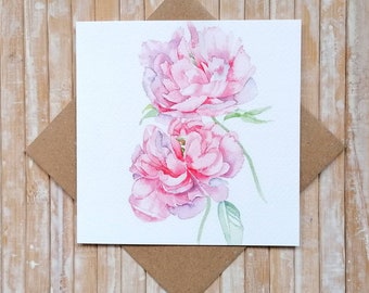 Peony Flower Greeting Card FSC Certified - Couple of Pink Peonies by Geetapatelfineart. A Floral Card. Eco Friendly Product.