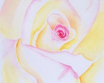 May include: Watercolor painting of a rose in full bloom. The petals are a soft yellow with pink edges, and the center is a vibrant pink. The artwork is a close-up view, showcasing the delicate details of the flower.
