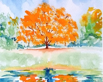 Autumn Original watercolour painting by Geetapatelfineart of Autumn Tree Reflects. Landscape and Scenery Art