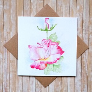 Rose Flower Greeting Card FSC Certified - Bright Pink Tinged White Roses by Geetapatelfineart. Blank Floral Fine Art Eco Friendly Card
